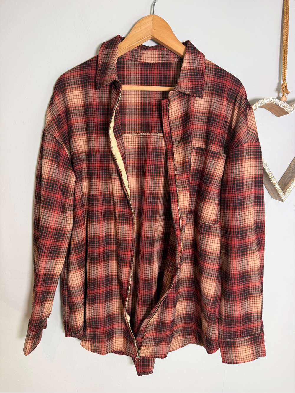 Full Zip Plaid Flannel Shirt Long Sleeve Red Brown Shacket Oversized Top Sz Larg - Picture 3 of 11
